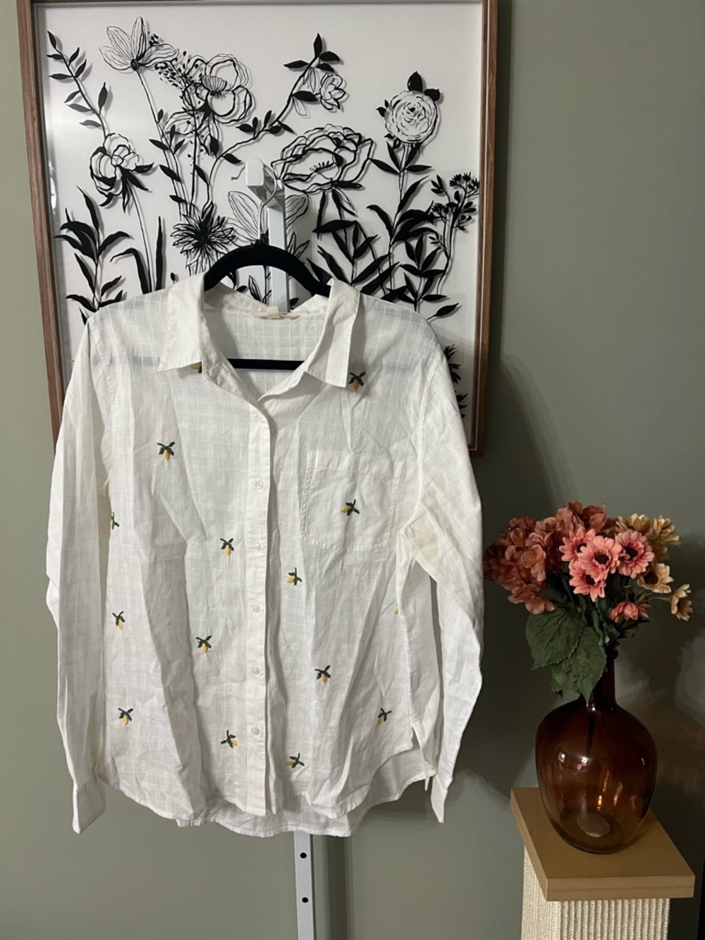 Lucky Brand White Cotton Button Down Embroidered Lemons Lightweight Size Large